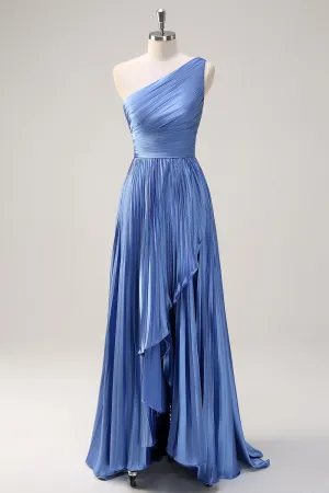 Blue A Line Pleated One Shoulder Bridesmaid Dress with Slit