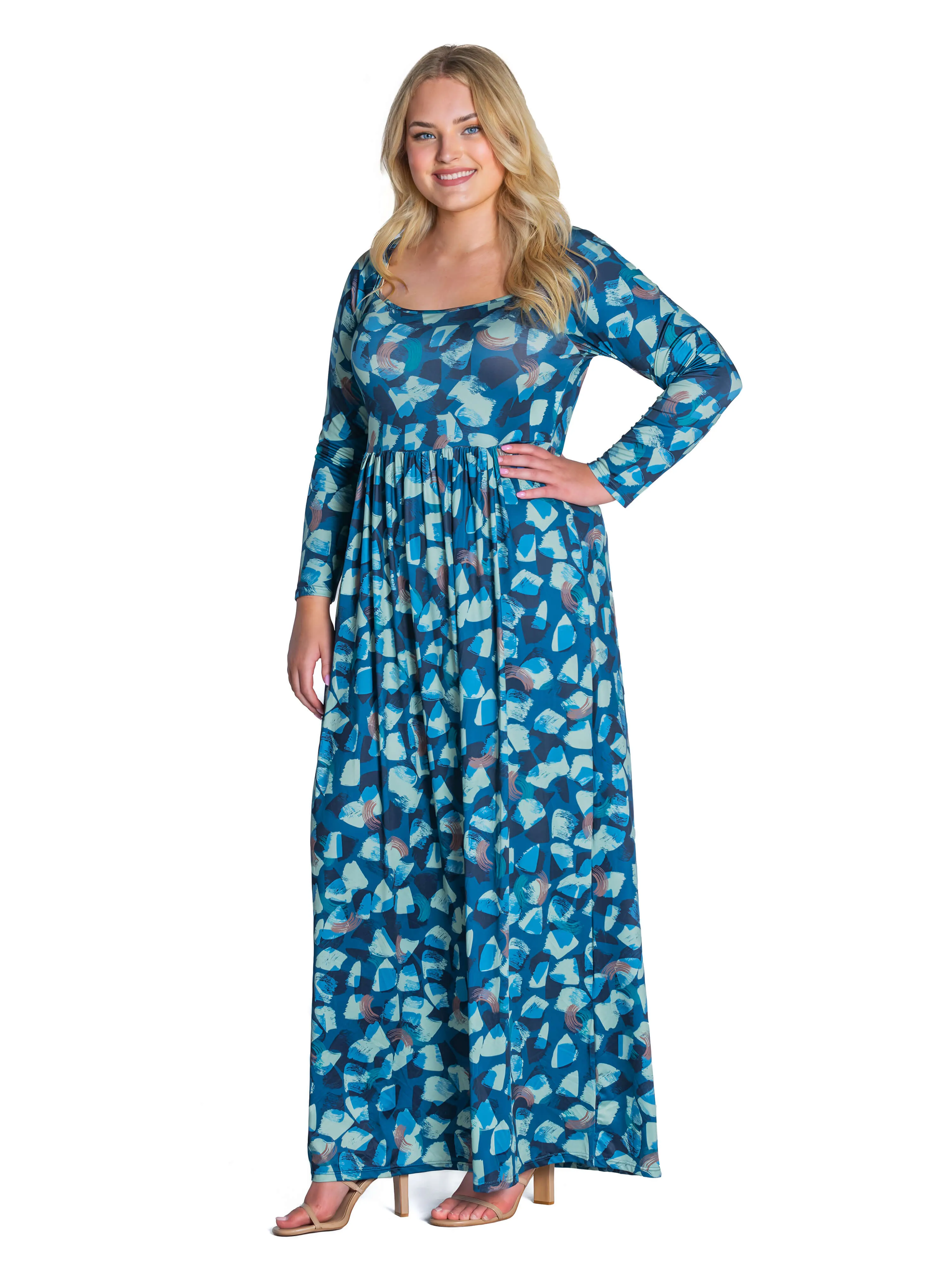 Blue Abstract Long Sleeve Pleated Plus Size Maxi Dress