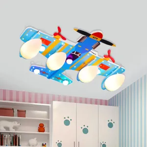 Blue Acrylic Fighter Jet Ceiling Light for Boy's Bedroom - 4 Head Flush Mount Fixture