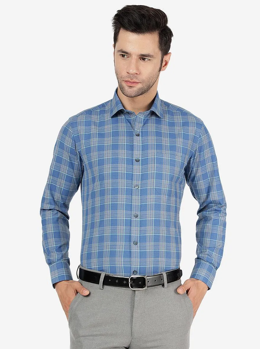 Blue & Beige Checked Slim Fit Formal Shirt | Greenfibre