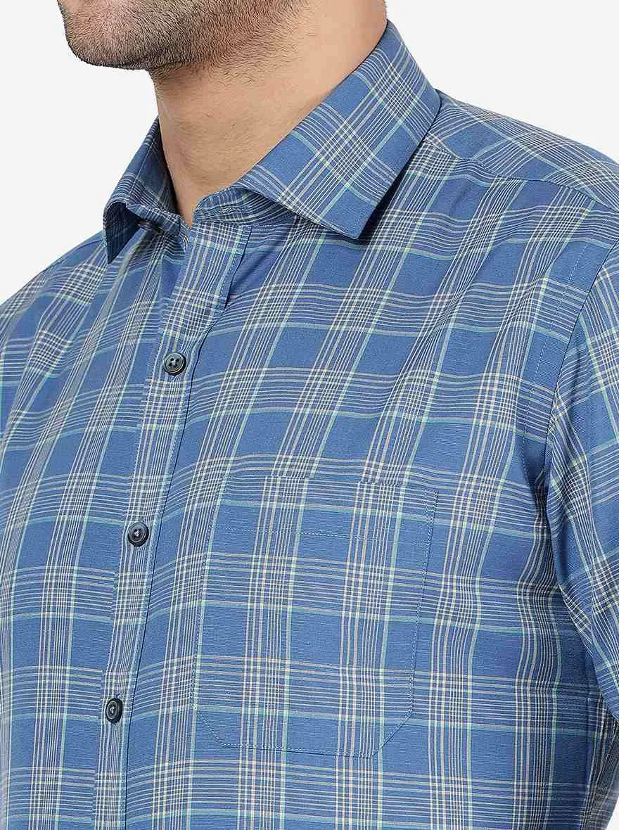 Blue & Beige Checked Slim Fit Formal Shirt | Greenfibre