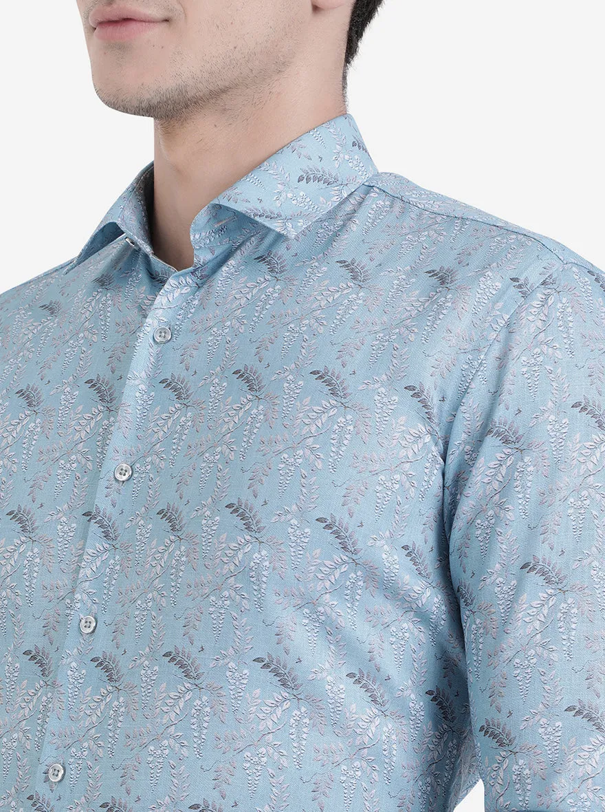 Blue & Cream Printed Slim Fit Party Wear Shirt | JB Studio