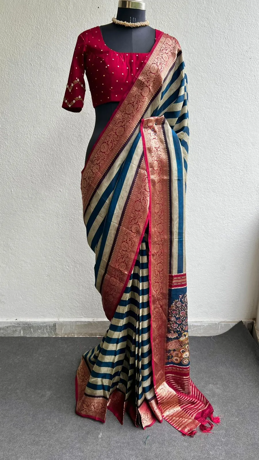 Blue & cream silk saree with hand worked blouse