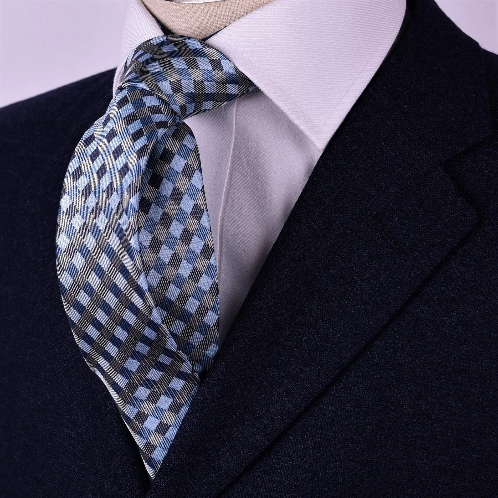 Blue & Grey Super Jacquard Check Luxury Weave Designer Tie 3"