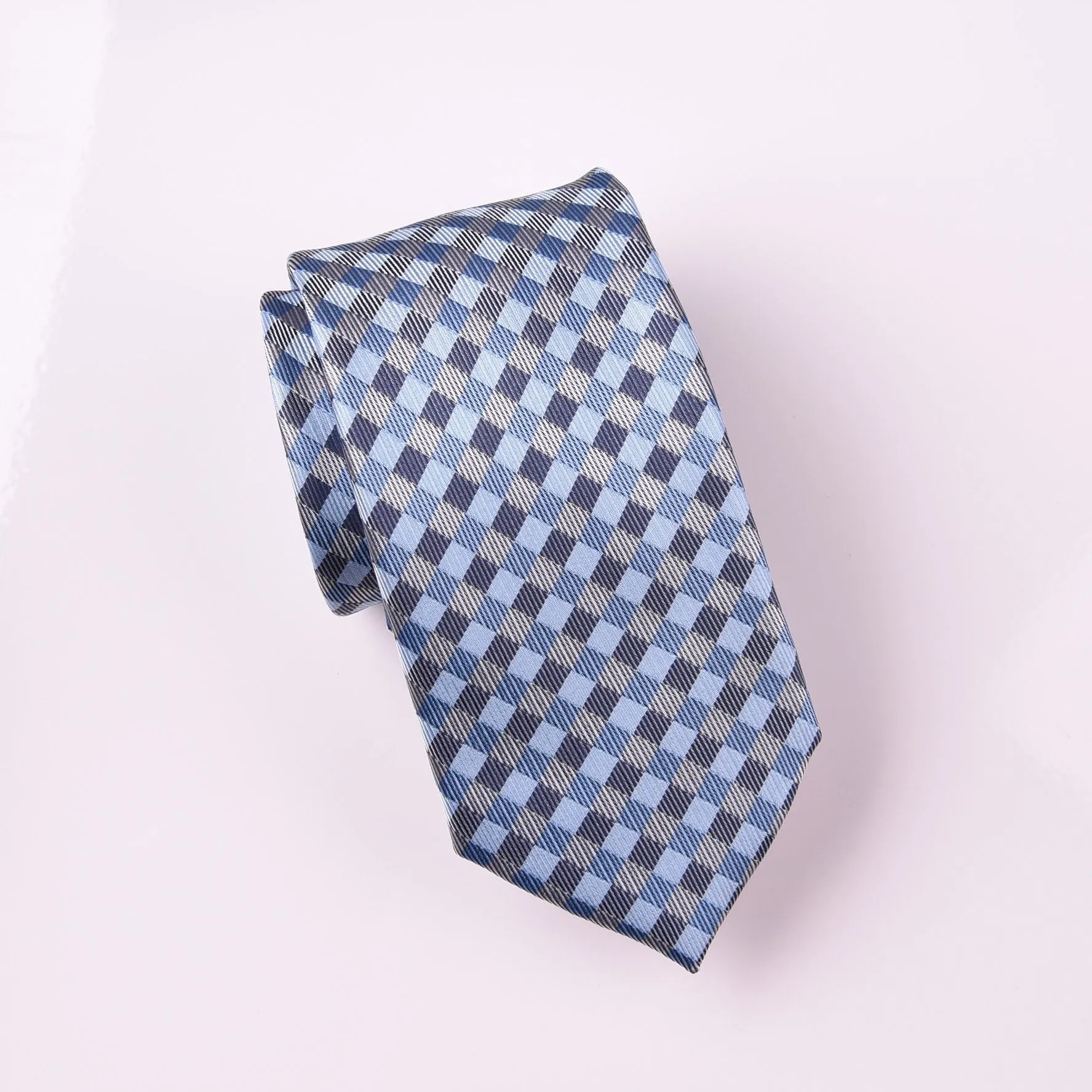 Blue & Grey Super Jacquard Check Luxury Weave Designer Tie 3"