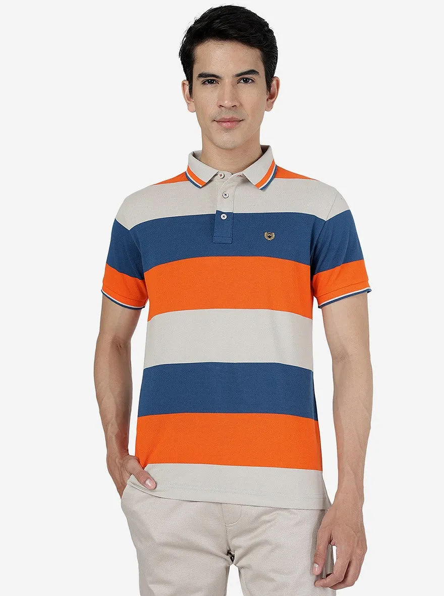 Blue & Orange Striped Slim Fit Polo T-Shirt | JadeBlue