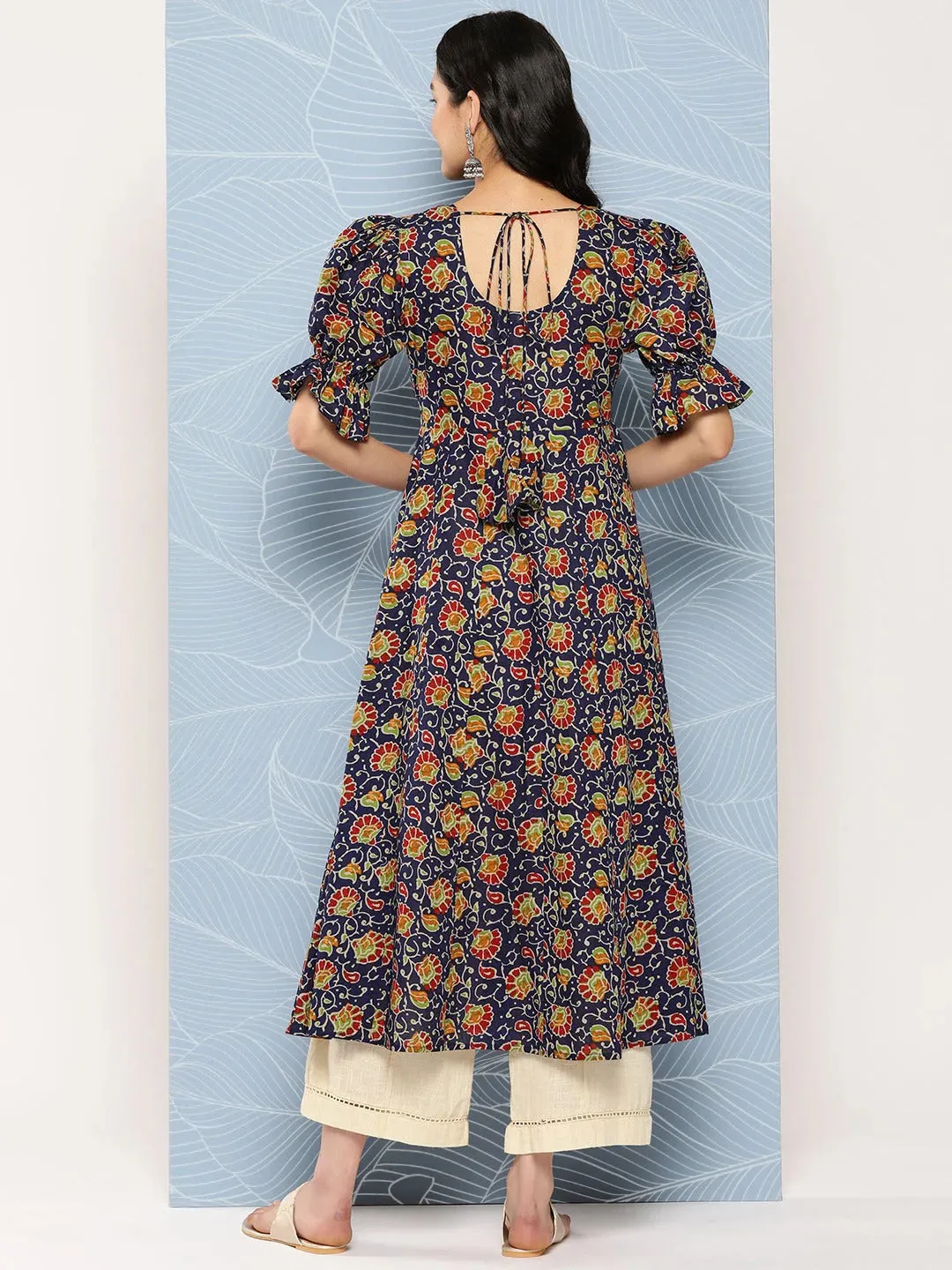 Blue & Red Cotton Floral Print Anarkali Shape Kurta