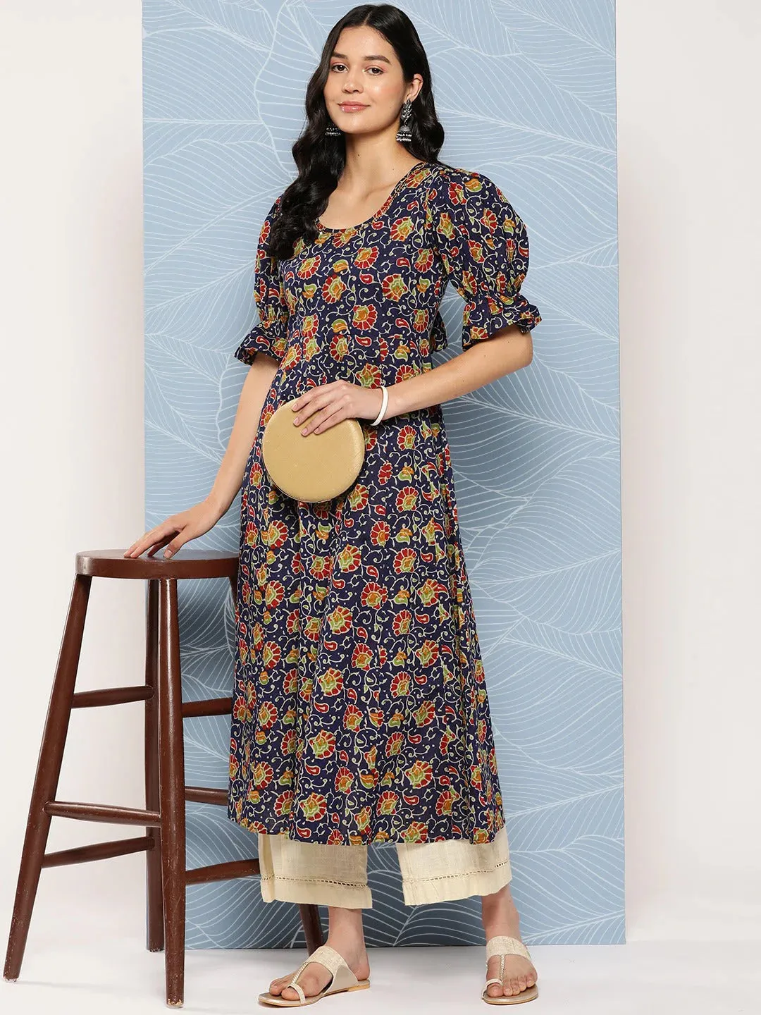 Blue & Red Cotton Floral Print Anarkali Shape Kurta