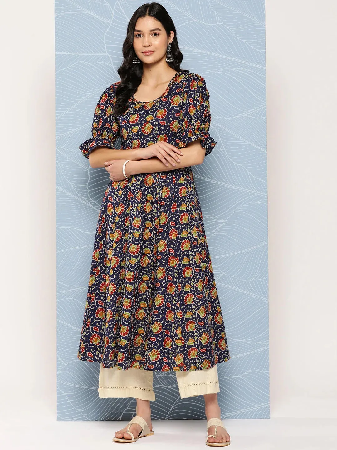 Blue & Red Cotton Floral Print Anarkali Shape Kurta