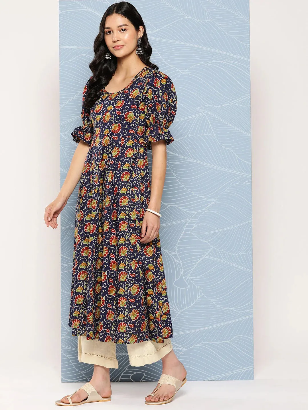 Blue & Red Cotton Floral Print Anarkali Shape Kurta