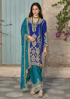 Blue & Teal Pure Chinnon Embroidered Afghani Style Dress