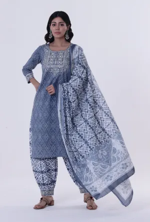 Blue & White Block Printed Cotton Dupatta