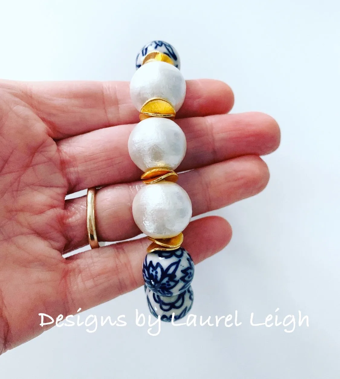 Blue & White Chinoiserie Bracelet - Peony Flower & Pearl Bracelet