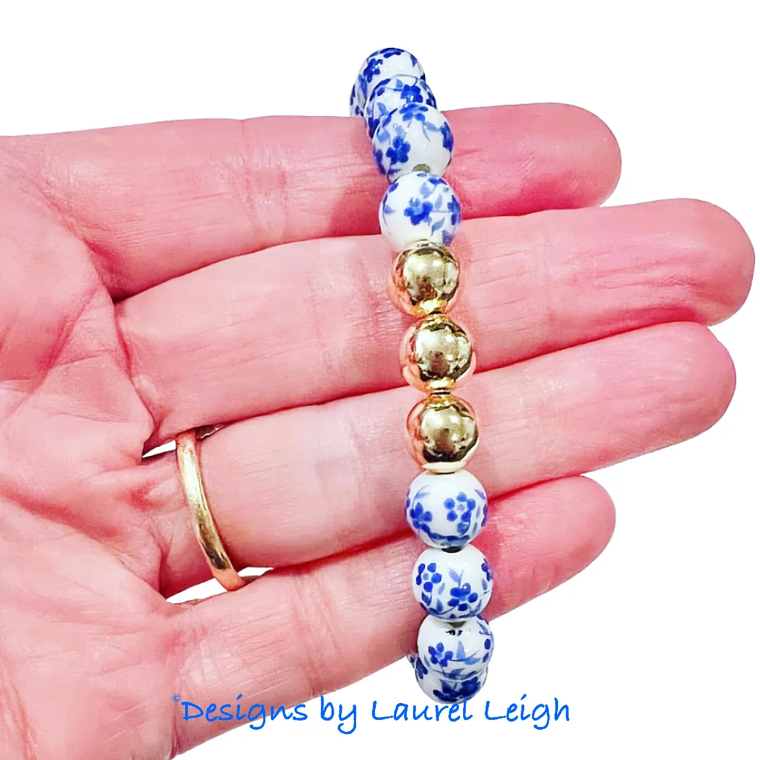 Blue & White Chinoiserie Floral Beaded Bracelet