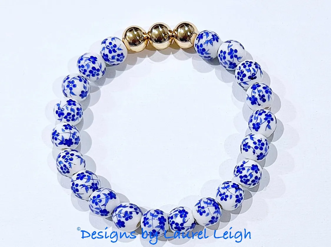 Blue & White Chinoiserie Floral Beaded Bracelet