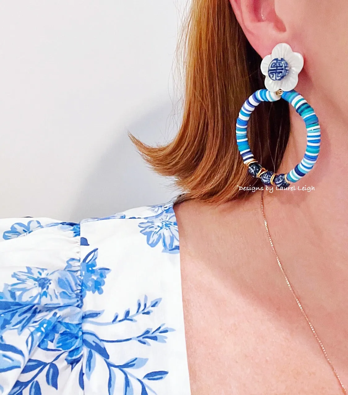 Blue & White Chinoiserie Heishi Disc Bead Earrings