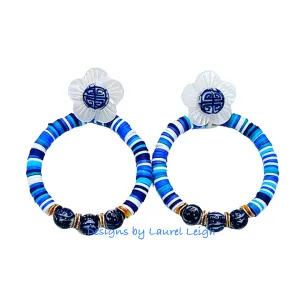 Blue & White Chinoiserie Heishi Disc Bead Earrings