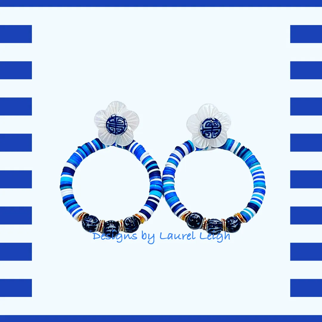 Blue & White Chinoiserie Heishi Disc Bead Earrings