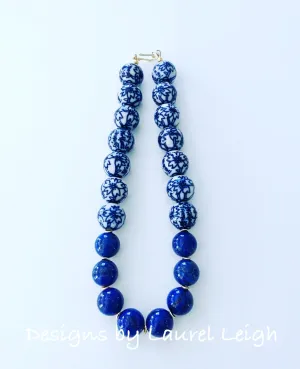 Blue & White Chinoiserie Lapis Gemstone Necklace