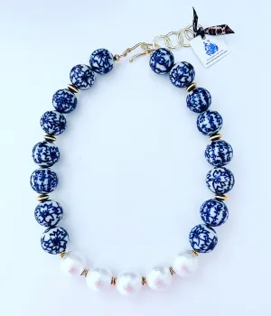 Blue & White Chinoiserie Pearl Necklace