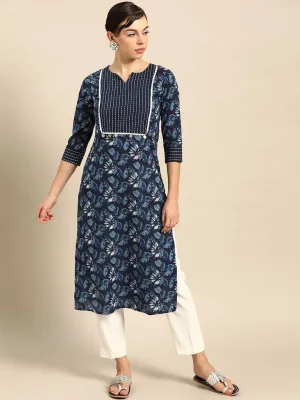 Blue & White Floral Printed Thread Work Pure Cotton Indigo Kurta