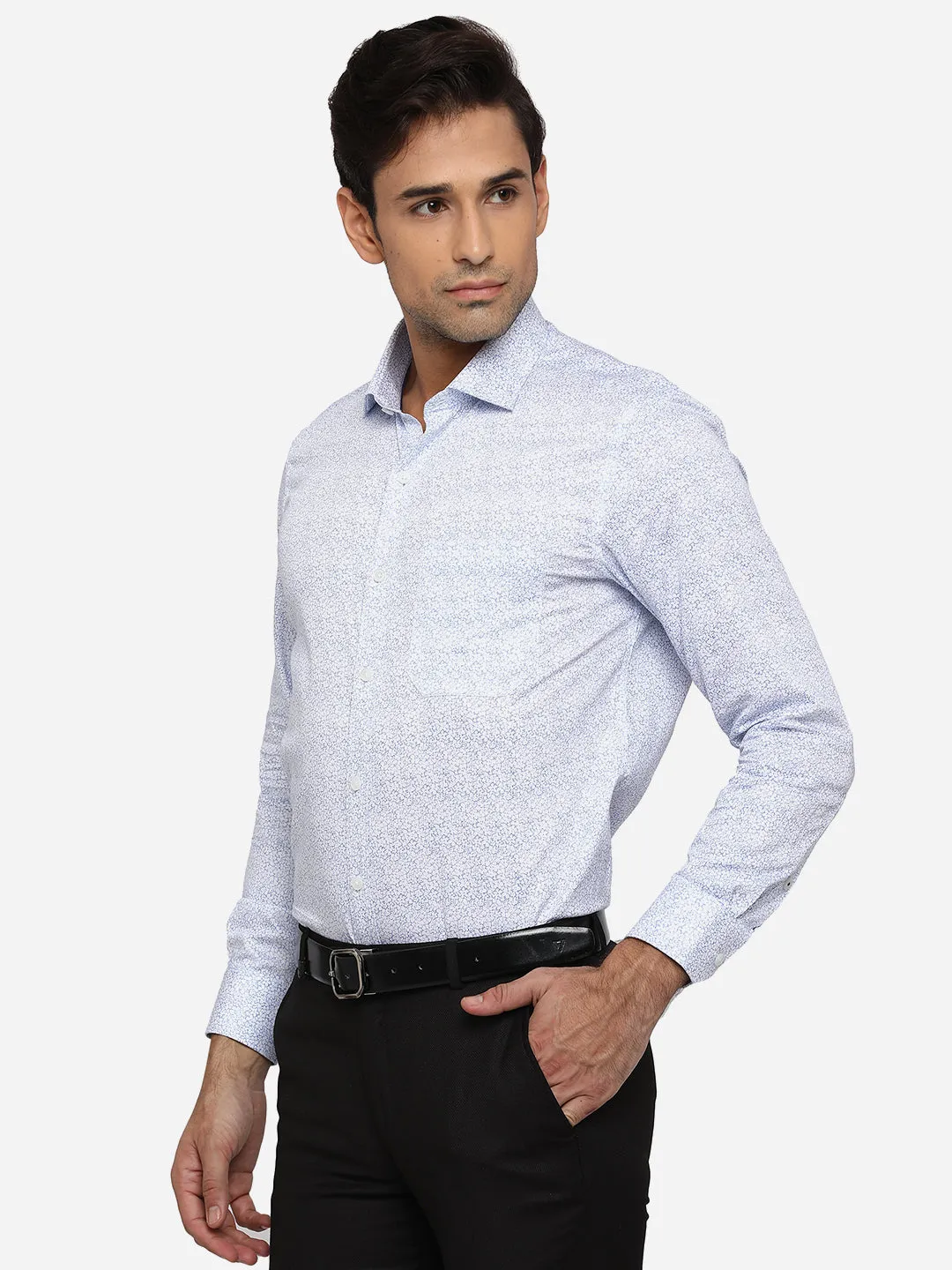 Blue & White Printed Slim Fit Formal Shirt | Greenfibre