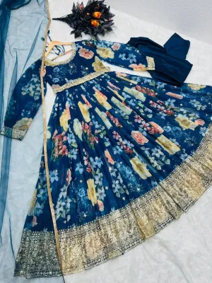 Blue Anarkali Gown with Floral Print in Faux Georgette