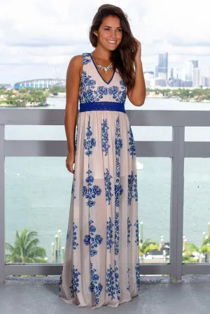 Blue and Beige Floral Maxi Dress