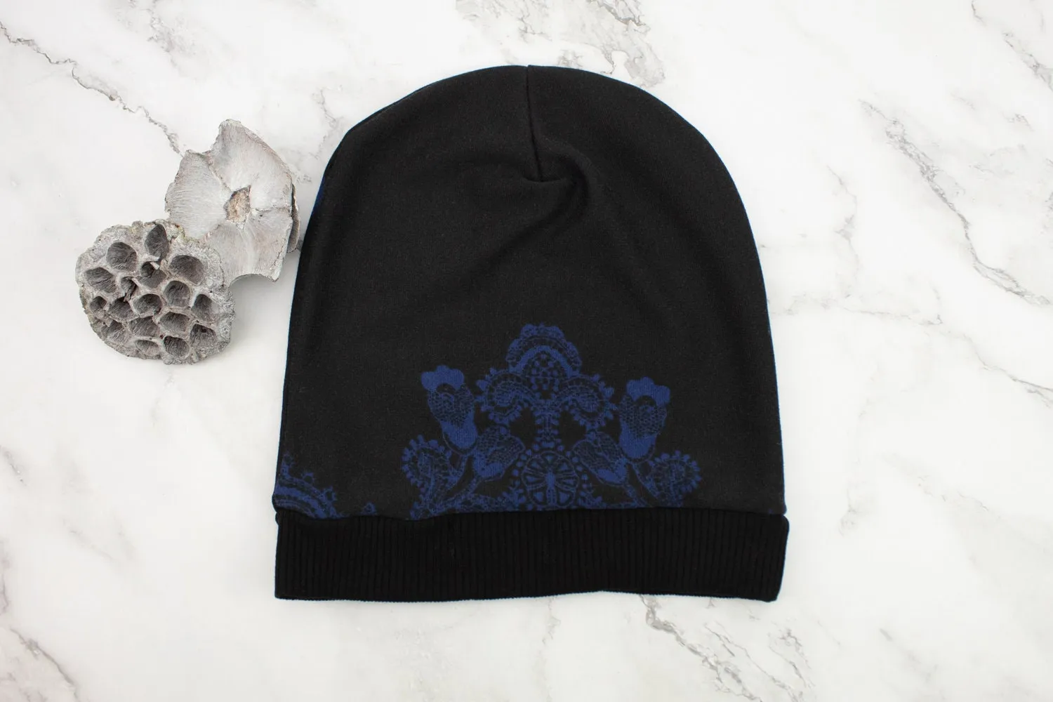 Blue and Black Asymmetrical II Lace Print Slouchy Beanie