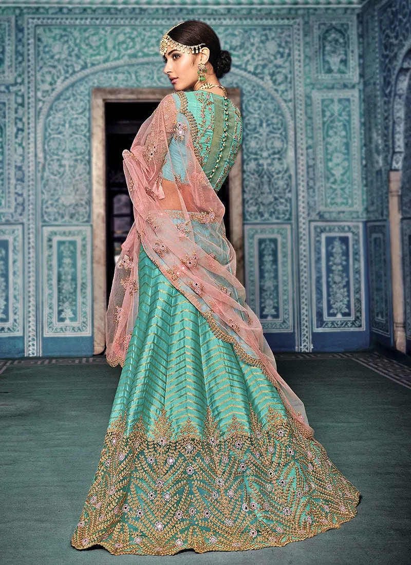 Blue And Blush Pink Embroidered Kaliyaari Lehenga Choli Set