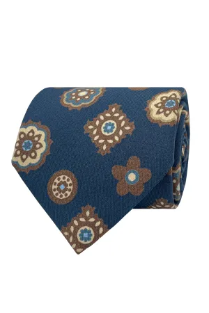 Blue and brown floral and geometric diamonds design printed silk hand made tie