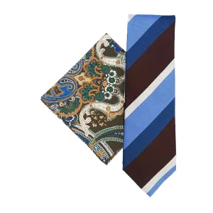 Blue and Brown regimental tie and brown paisley pocket square set