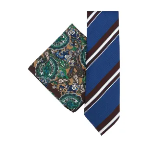 Blue and Brown unlined regimental tie and brown floral and paisley pocket square set