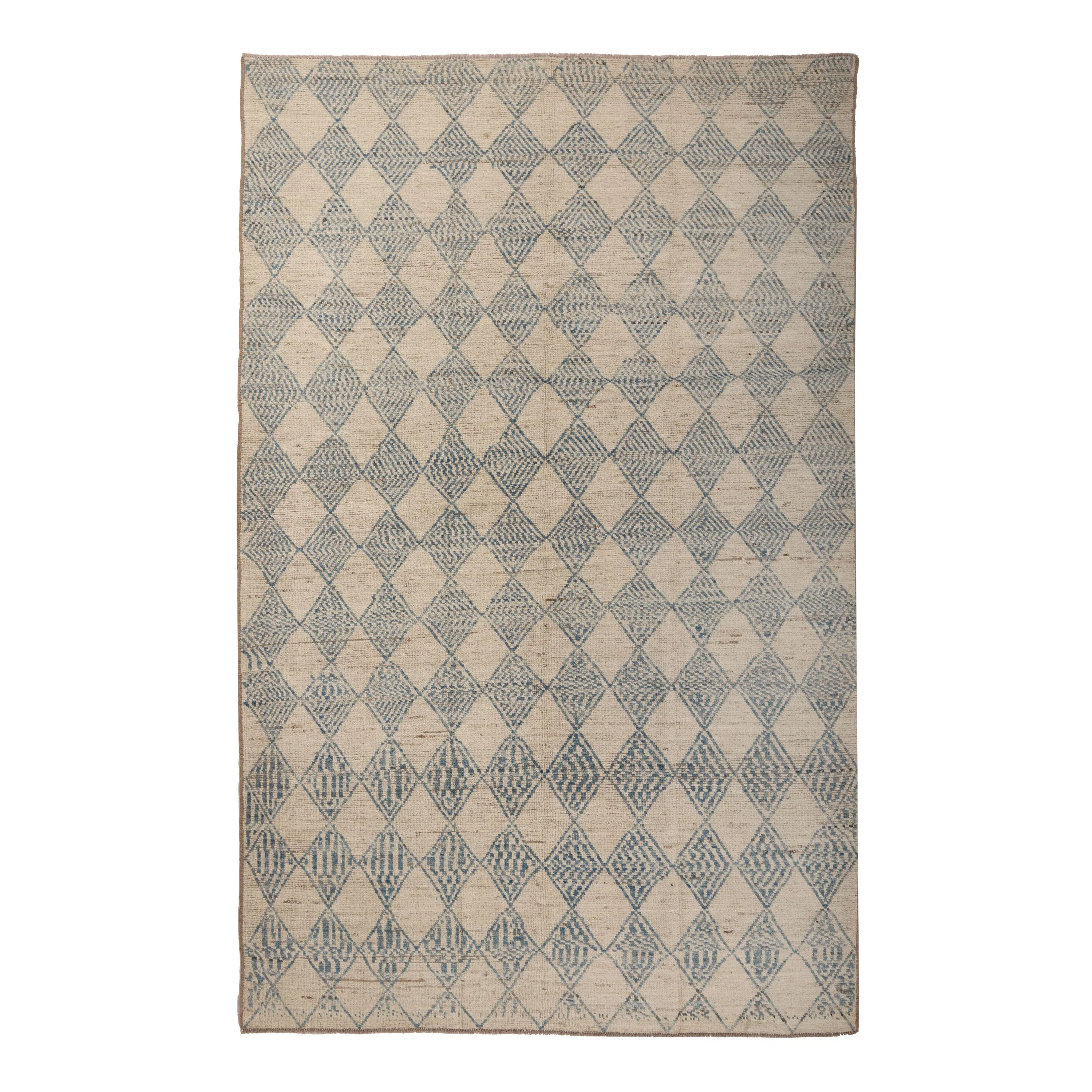 Blue and Cream Wool Rug - 6'2" x 9'3"