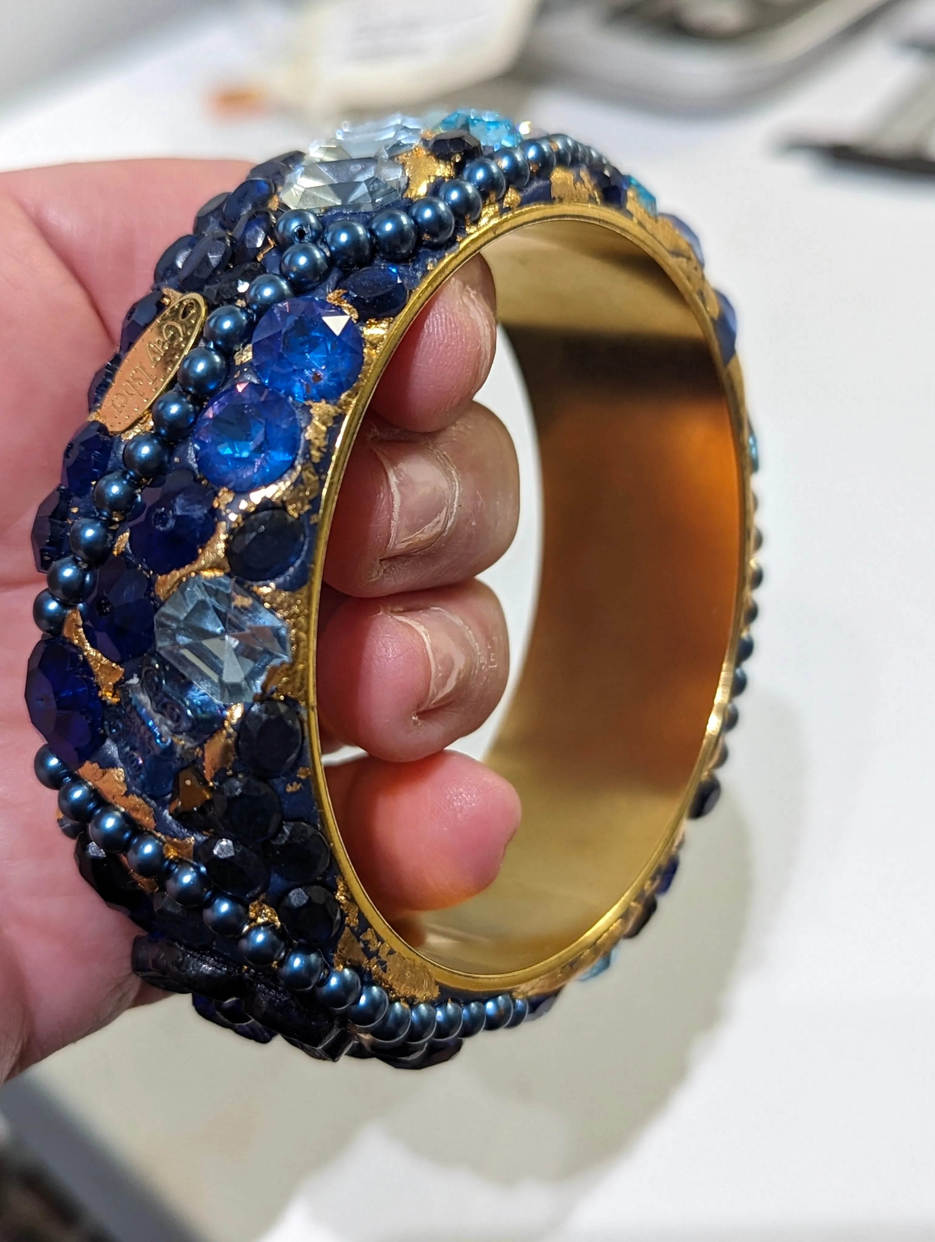 Blue and Gold Bangle Bracelet Hand Made Vintage beads one of one Sugar Gay Isber USA