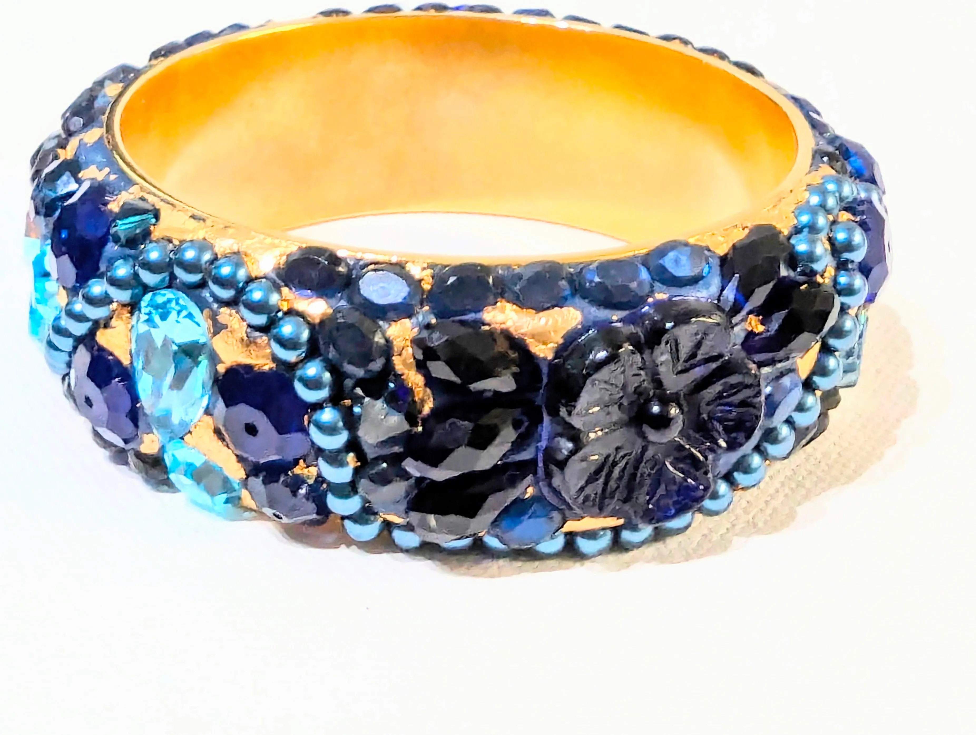 Blue and Gold Bangle Bracelet Hand Made Vintage beads one of one Sugar Gay Isber USA