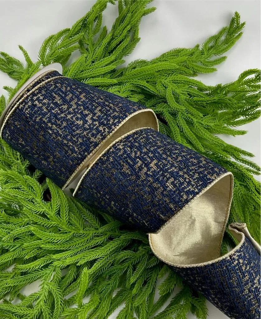 Blue and gold jacquard 4” wired ribbon