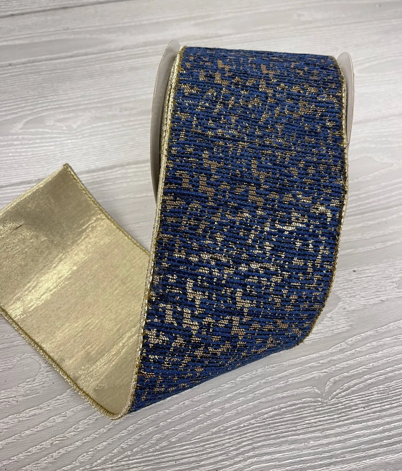 Blue and gold jacquard 4” wired ribbon