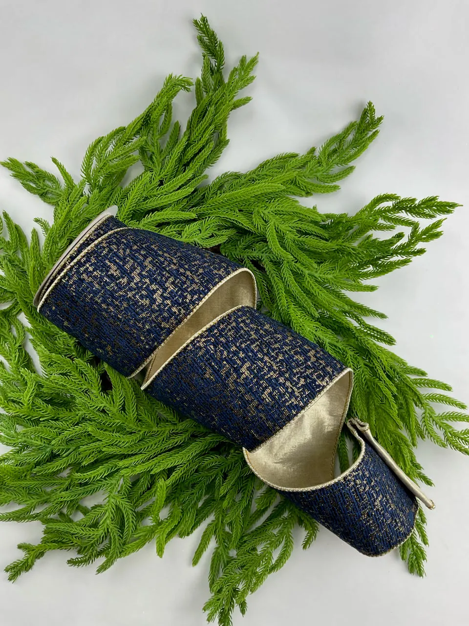 Blue and gold jacquard 4” wired ribbon