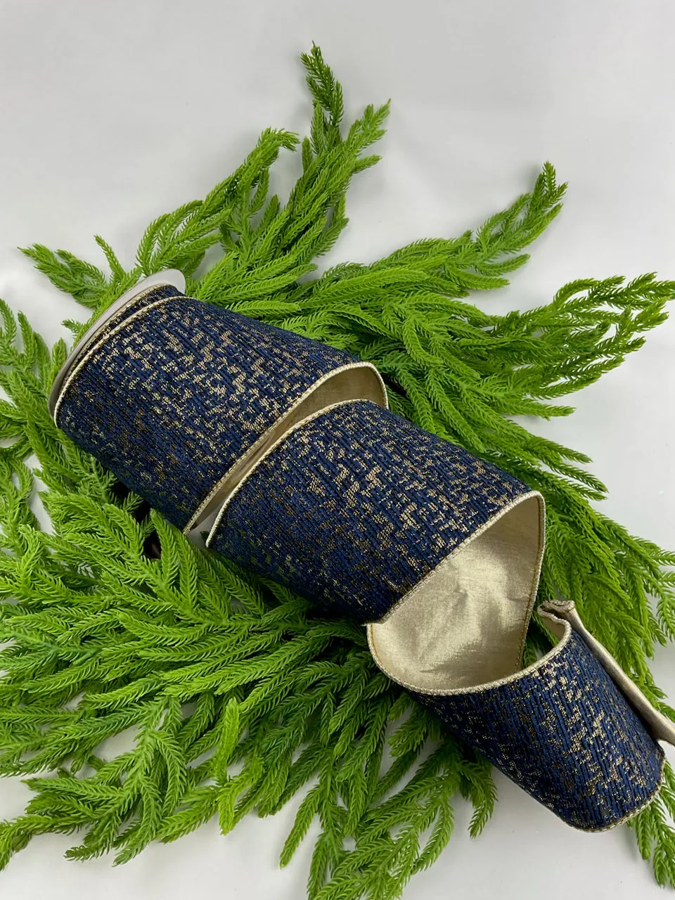 Blue and gold jacquard 4” wired ribbon