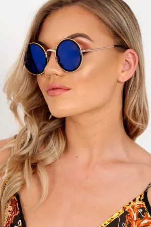 Blue And Gold Round 90's Sunglasses - Fraya