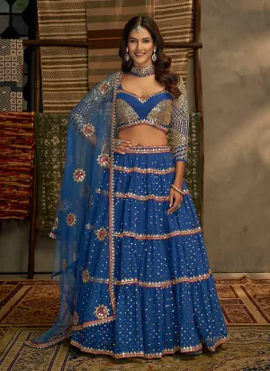 Blue And Gold Stylish Embroidered Lehenga Choli