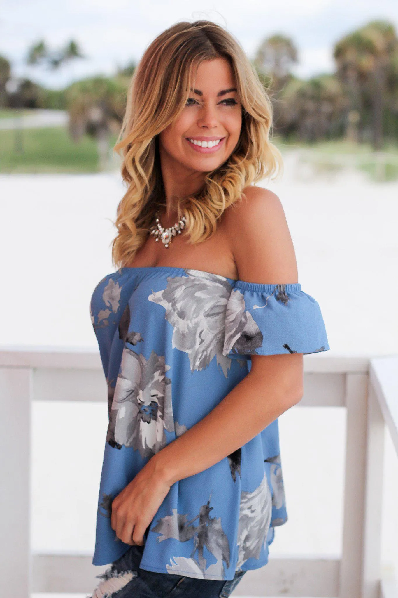 Blue and Gray Floral Off Shoulder Top