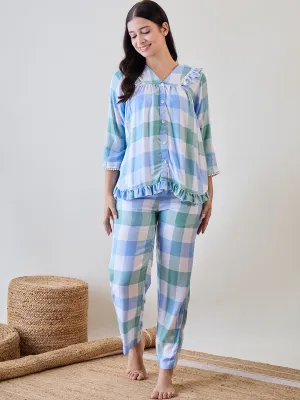 Blue and Green Checks Ruffled Cute Viscose Pyjama Set With Lace Detail