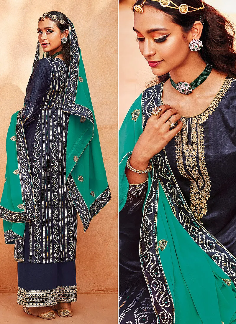 Blue And Green Ethnic Embroidered Festive Palazzo Suit