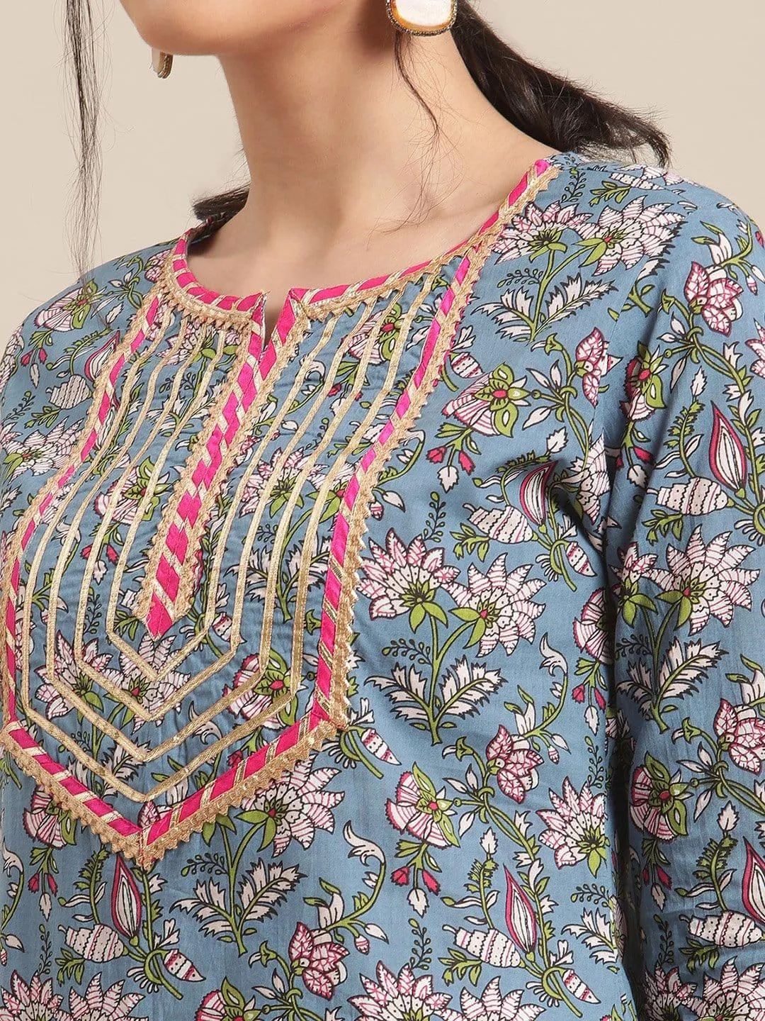 Blue And Green Floral Printed Gota Work Straight Kurta With 3/4Th Sleeves