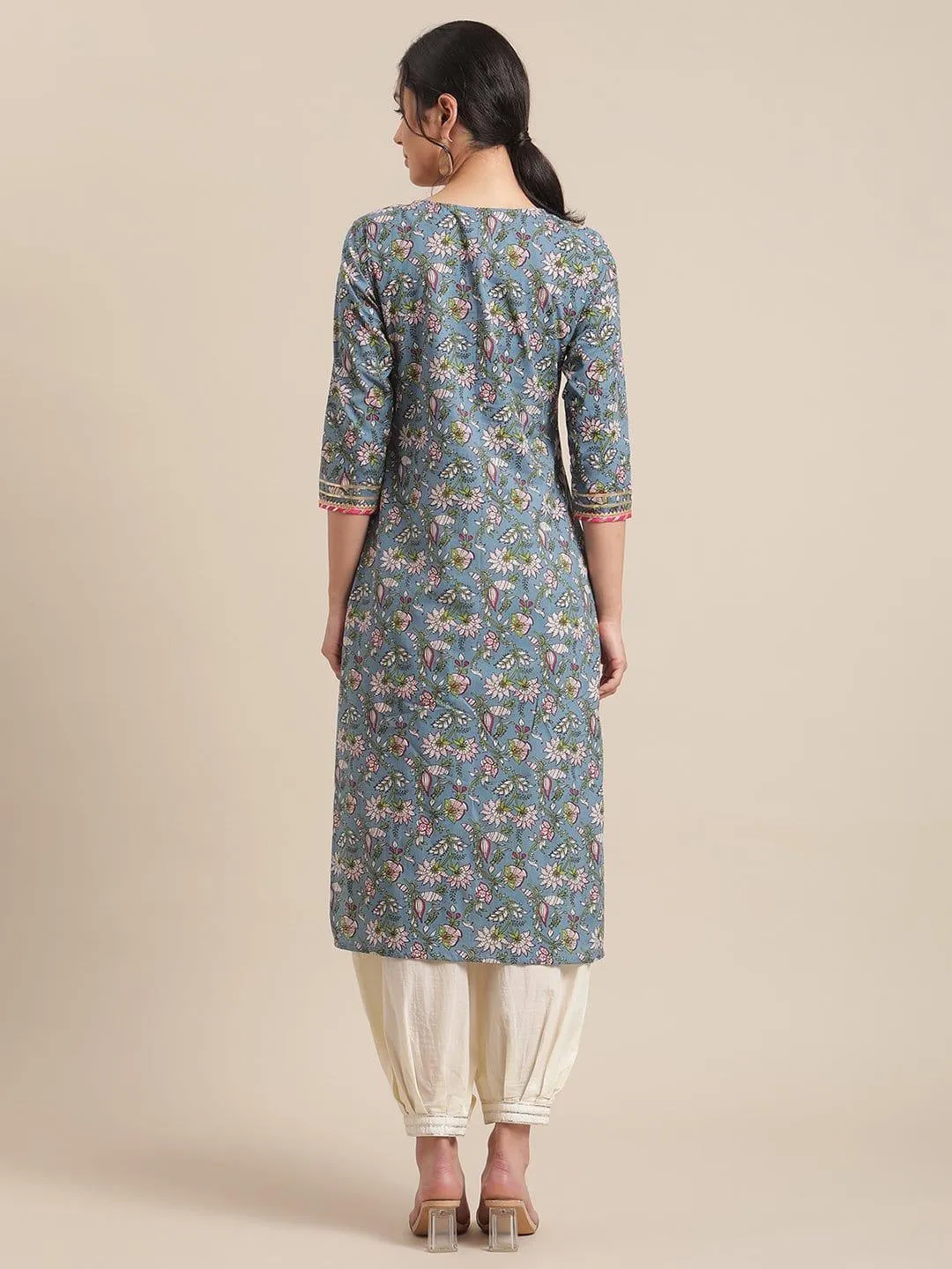 Blue And Green Floral Printed Gota Work Straight Kurta With 3/4Th Sleeves