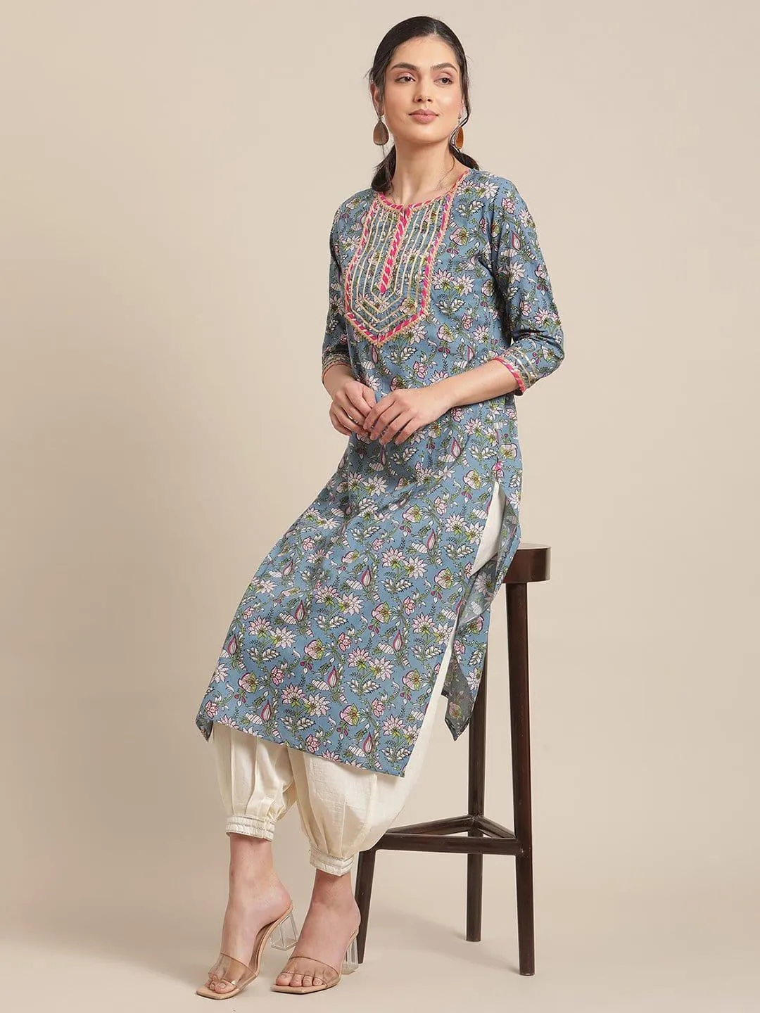 Blue And Green Floral Printed Gota Work Straight Kurta With 3/4Th Sleeves