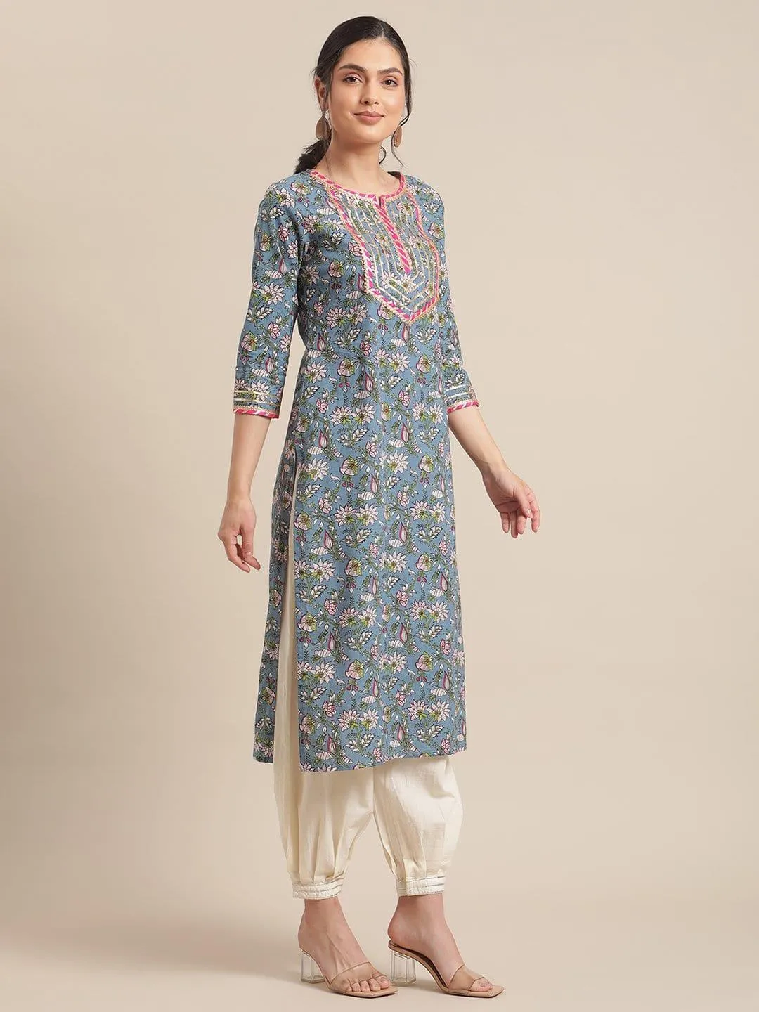 Blue And Green Floral Printed Gota Work Straight Kurta With 3/4Th Sleeves