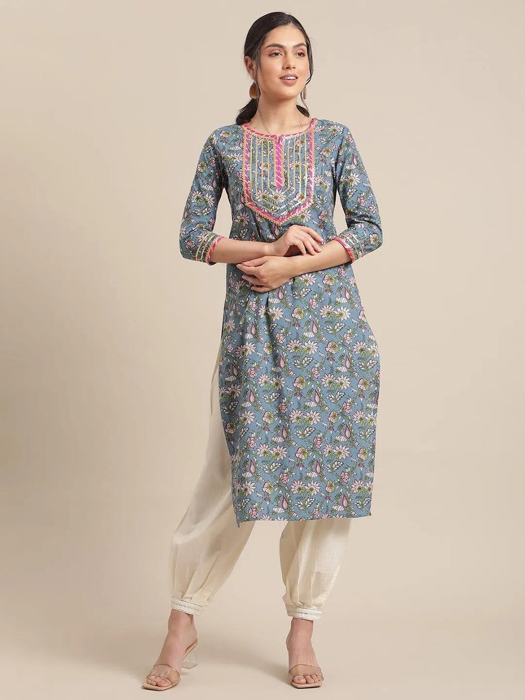 Blue And Green Floral Printed Gota Work Straight Kurta With 3/4Th Sleeves